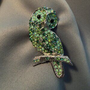 Owl Brooch Green Rhinestone Crystal Modern Statement 2.6"